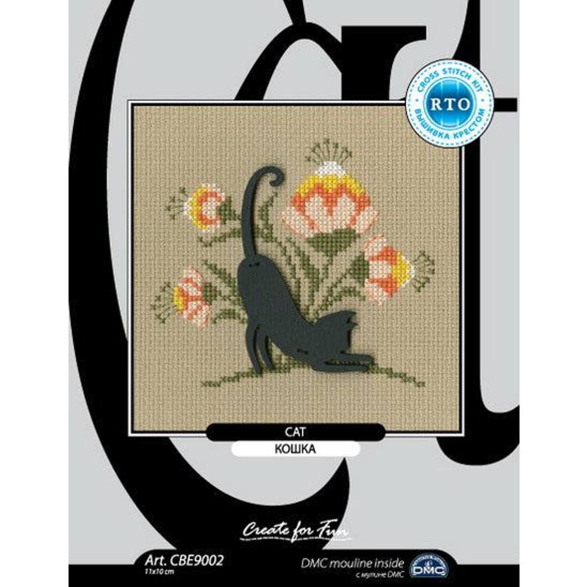 RTO Cat Silhouette with Orange & Yellow Flowers Cross Stitch Kit